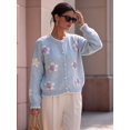 thumbnail image 5 of Women 3D Floral Applique Pearl Button Scalloped Trim Crew Neck Knit Cardigan Light Blue S, 5 of 9