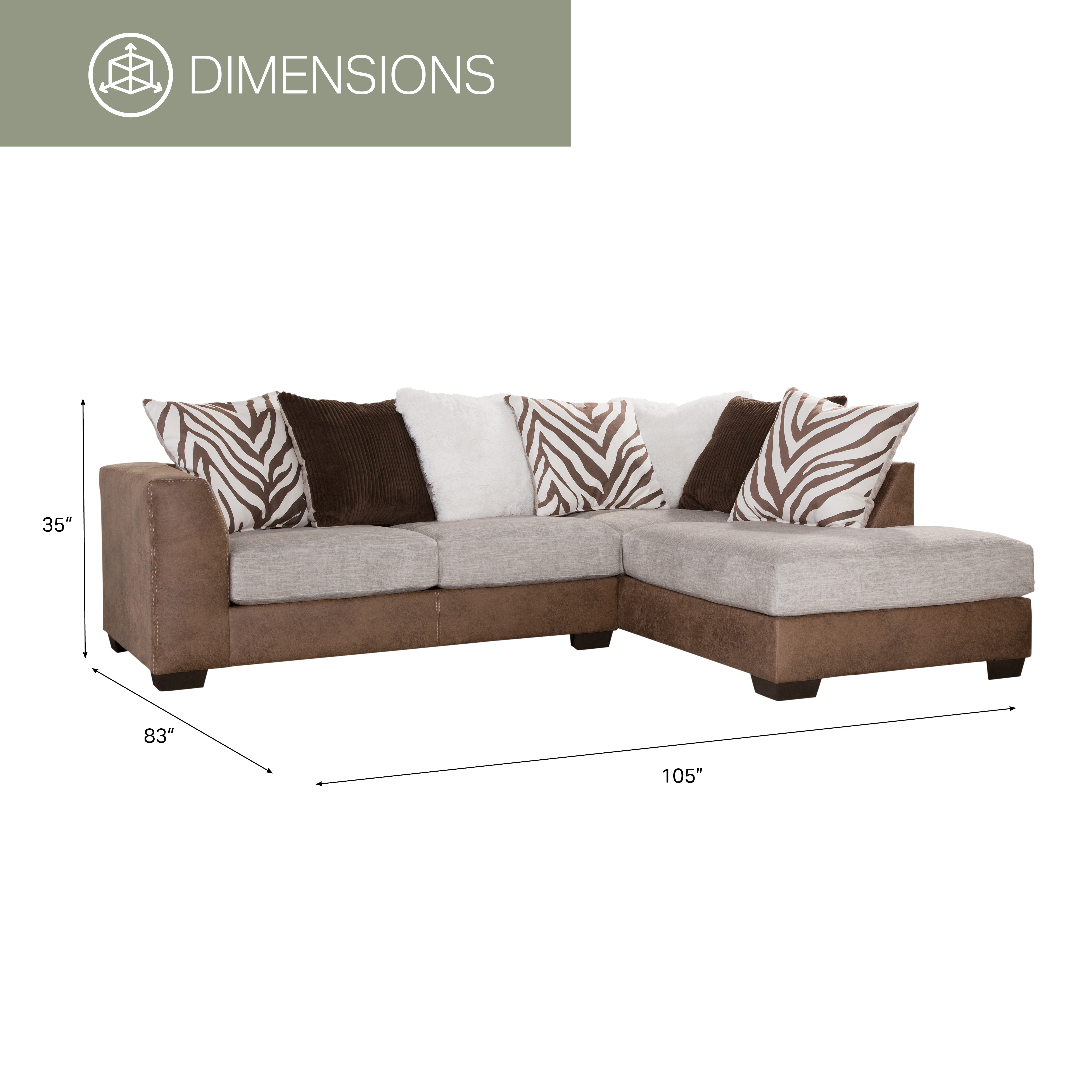 American Furniture Classics Model 8-12-A413V2-K Square Arm Brown and White Two Piece Sectional Sofa with Seven Large Back Pillows