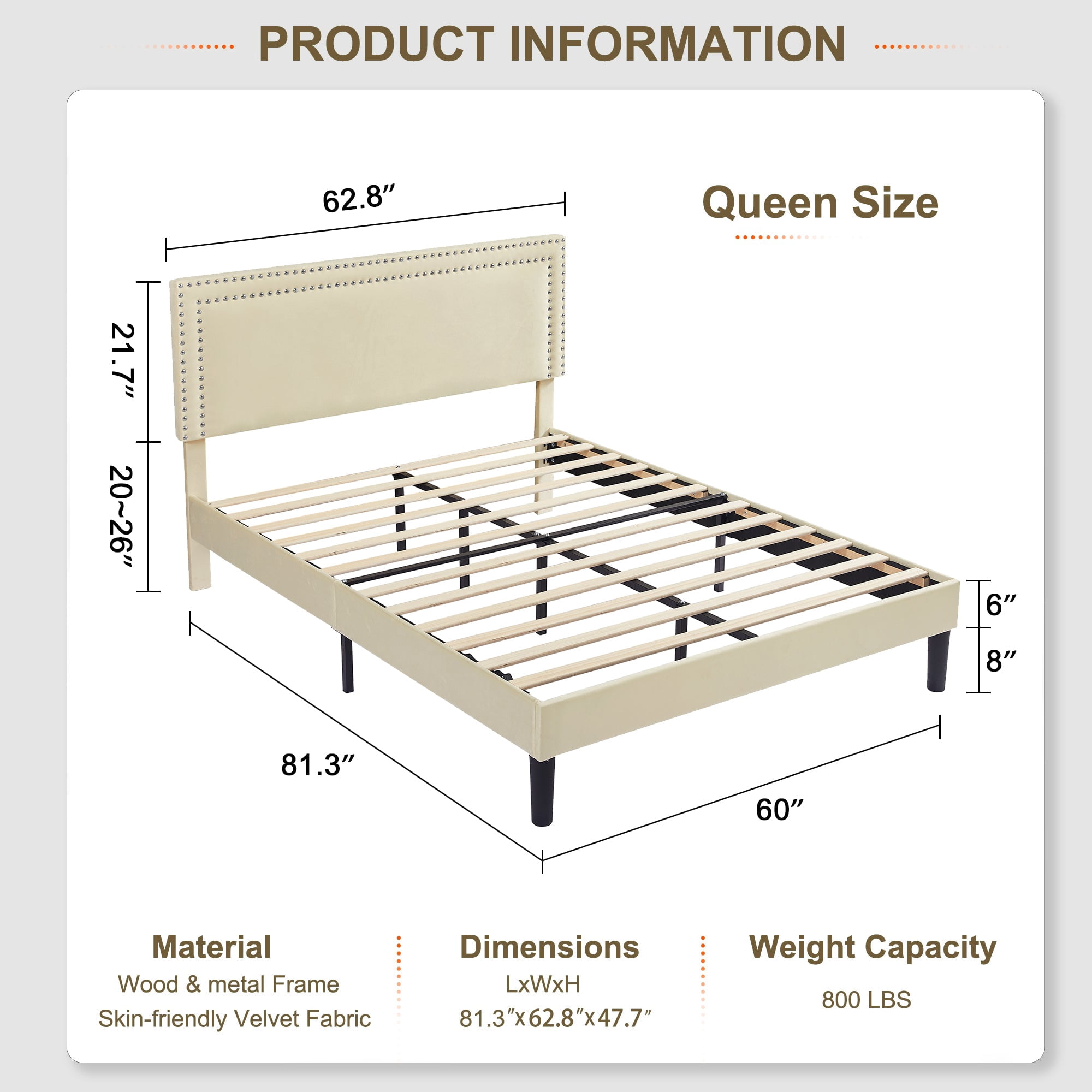 VECELO Queen Size Platform Bed Frame with Adjustable Height Upholstered Headboard, Strong Wood Slat Support, No Box Spring Needed, Beige