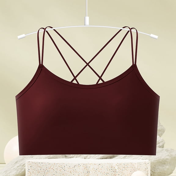 HongQid Women's Cross Back Sports Bra Padded Spaghetti Strap Yoga T-Shirt Bra for Fitness Everyday Red L