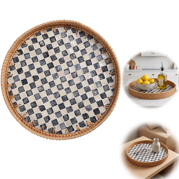 Round Rattan Tray, Rattan Serving Tray for Coffee, Bread, Fruits, Decorative Wicker Tray for Table Decor, Home Decor, Kitchen Island Decor(Black Checkerboard, 11.8")