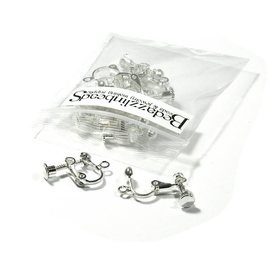 10 Adjustable Fake Earring Findings with Secure Screw Back & Ball Accent and Loop Ring for Charms or Dangles (Silver)