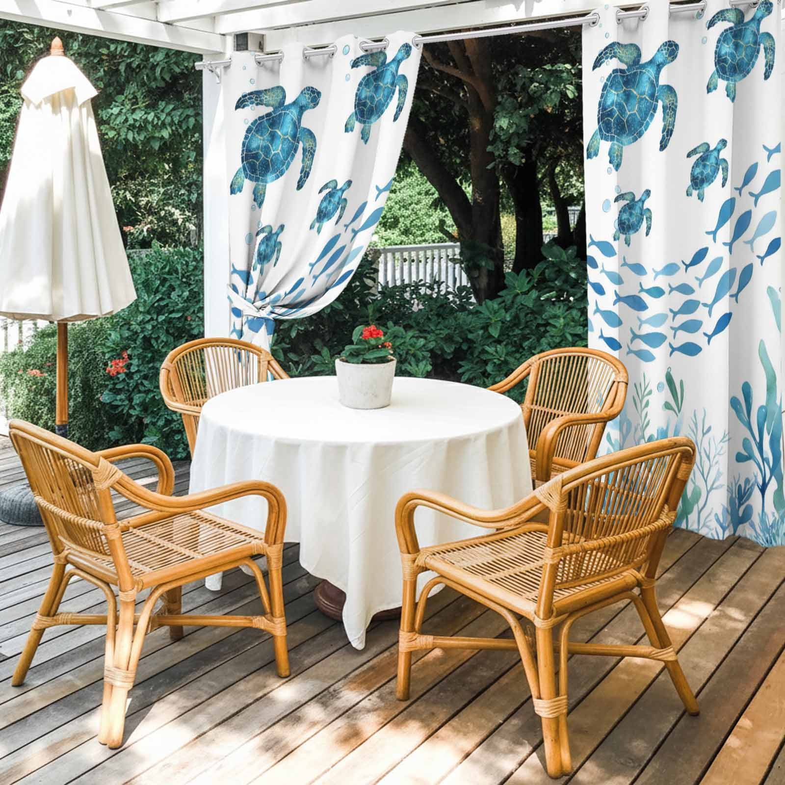 Sea Turtle Outdoor Curtains for Patio, Watercolor Ocean Blue Turtle Fish Seaweed Sunshade Privacy Drapes Grommet Waterproof Outside Curtains for Porch/Cabana/Balcony 54"x 95", 2 Panel