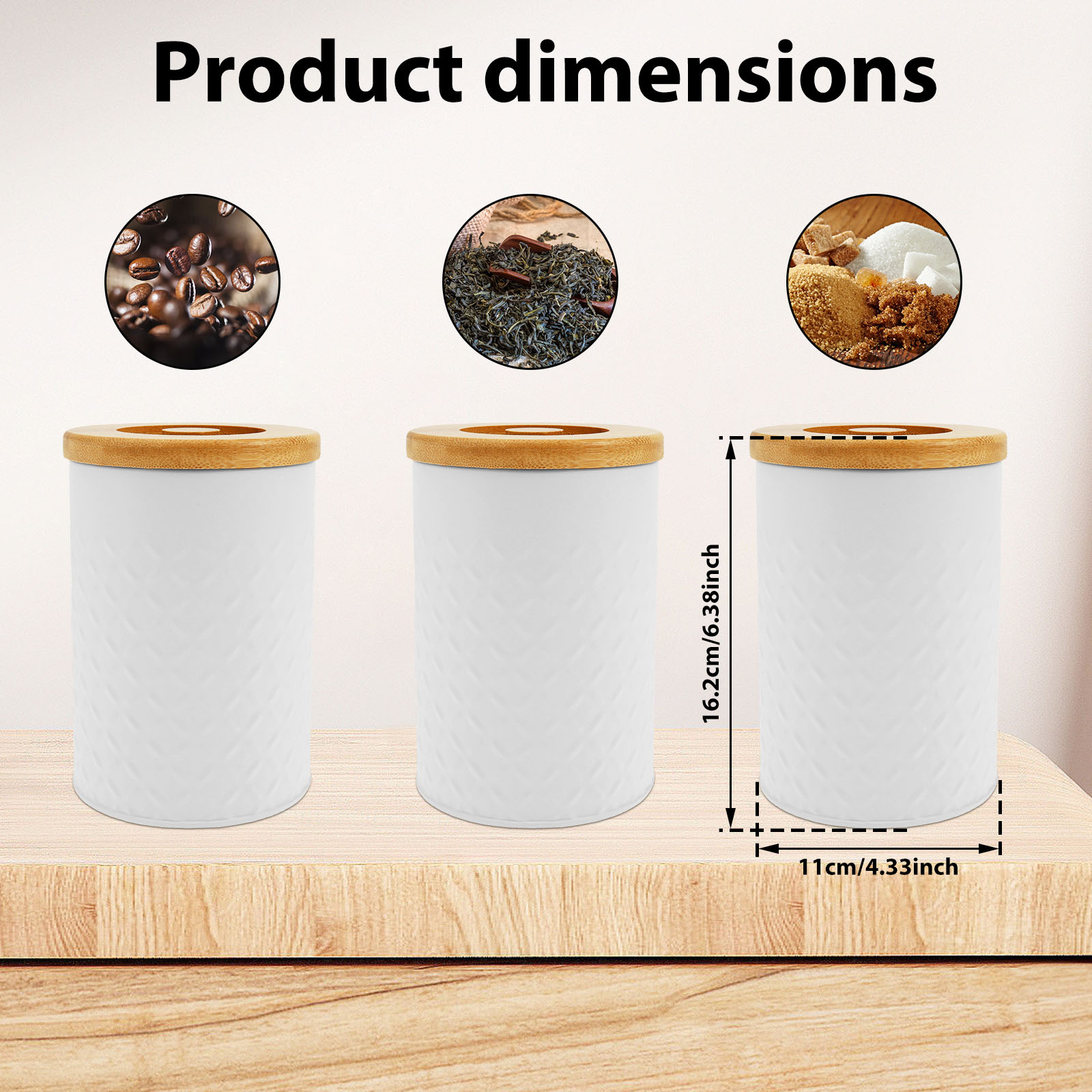 Grusce 3 Pack Ceramic Kitchen Canister Set for Sugar Coffee Tea, Airtight Food Storage Jars with Bamboo Lids, White Ceramic Storage Jar Kitchen Canister, Decorative Storage Pots for Countertop