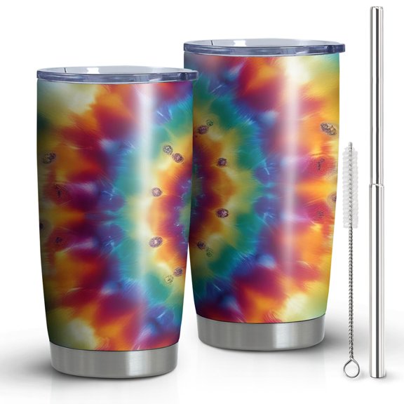20oz Tumblers Colorful Tie Dye Dot Mandala Pattern Stainless Steel Vacuum Insulated Double Wall Travel Tumbler Cups Mug with Lid and Straw,Cleaning Brush for Cold & Hot Drinks