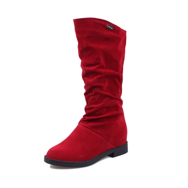 Liquidation d'Économies d'Hiver! PEZHADA Bottes Mi-Mollet pour Femmes,Bottes pour Femmes,Bottes Rondes à Talon Bas en Suède Rétro Uni Chaud pour Femmes Chaussures Rouge