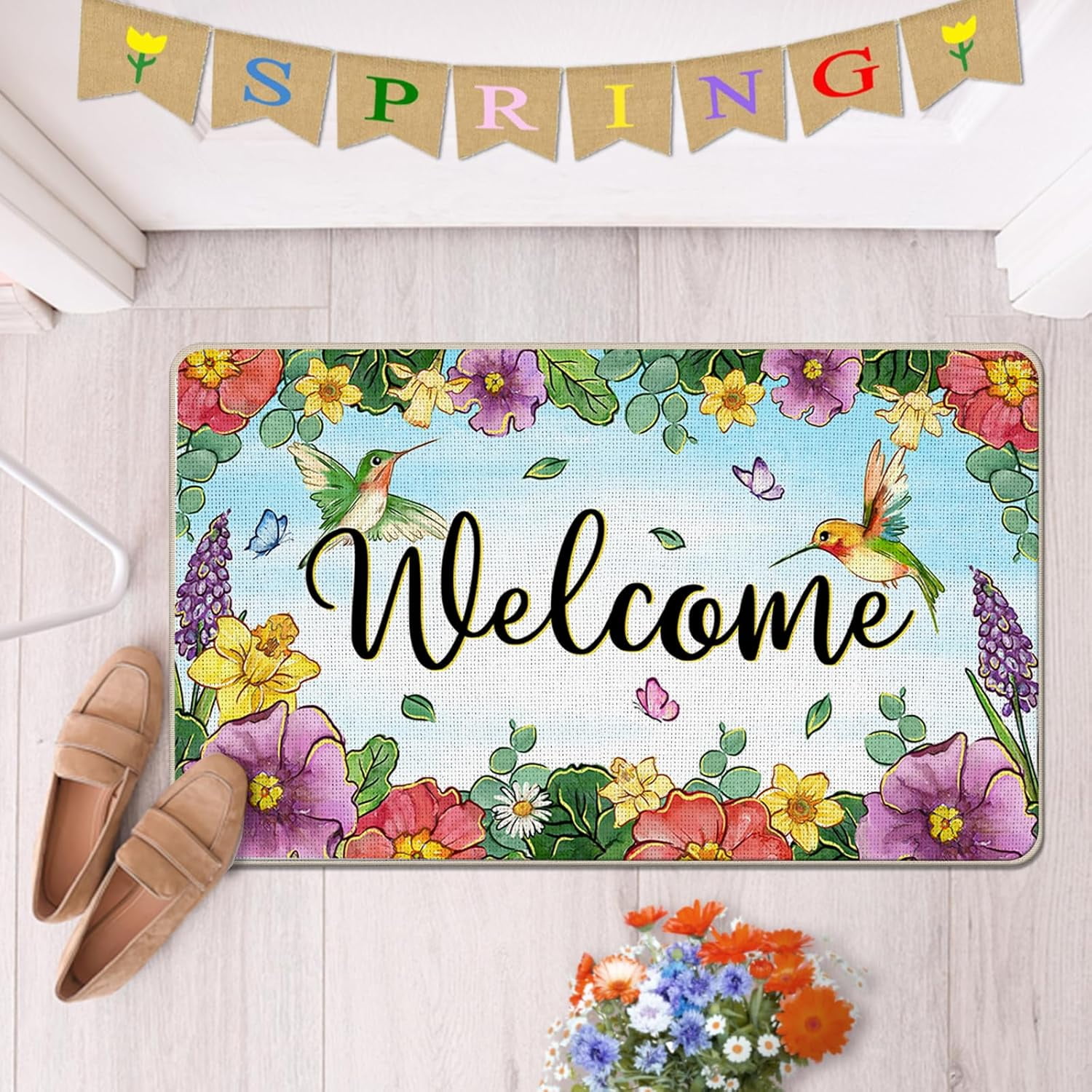 Welcome Spring Summer Flower Decorative Front Door Mat, Hummingbird Morning Glory Floral Doormat Indoor Outdoor Non-Slip Floor Entryway Rug, Daffodil Hyacinth Home Kitchen Decoration 17x29 Inch