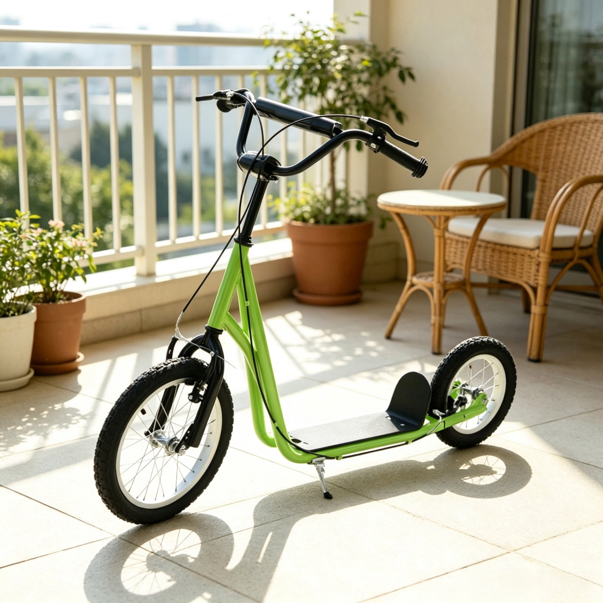 Teens Kids Ride-On Scooter, Height Adjustable Handlebar, Dual Brakes, Pneumatic Wheels, Safe Toy for Children 5 and Up, Green