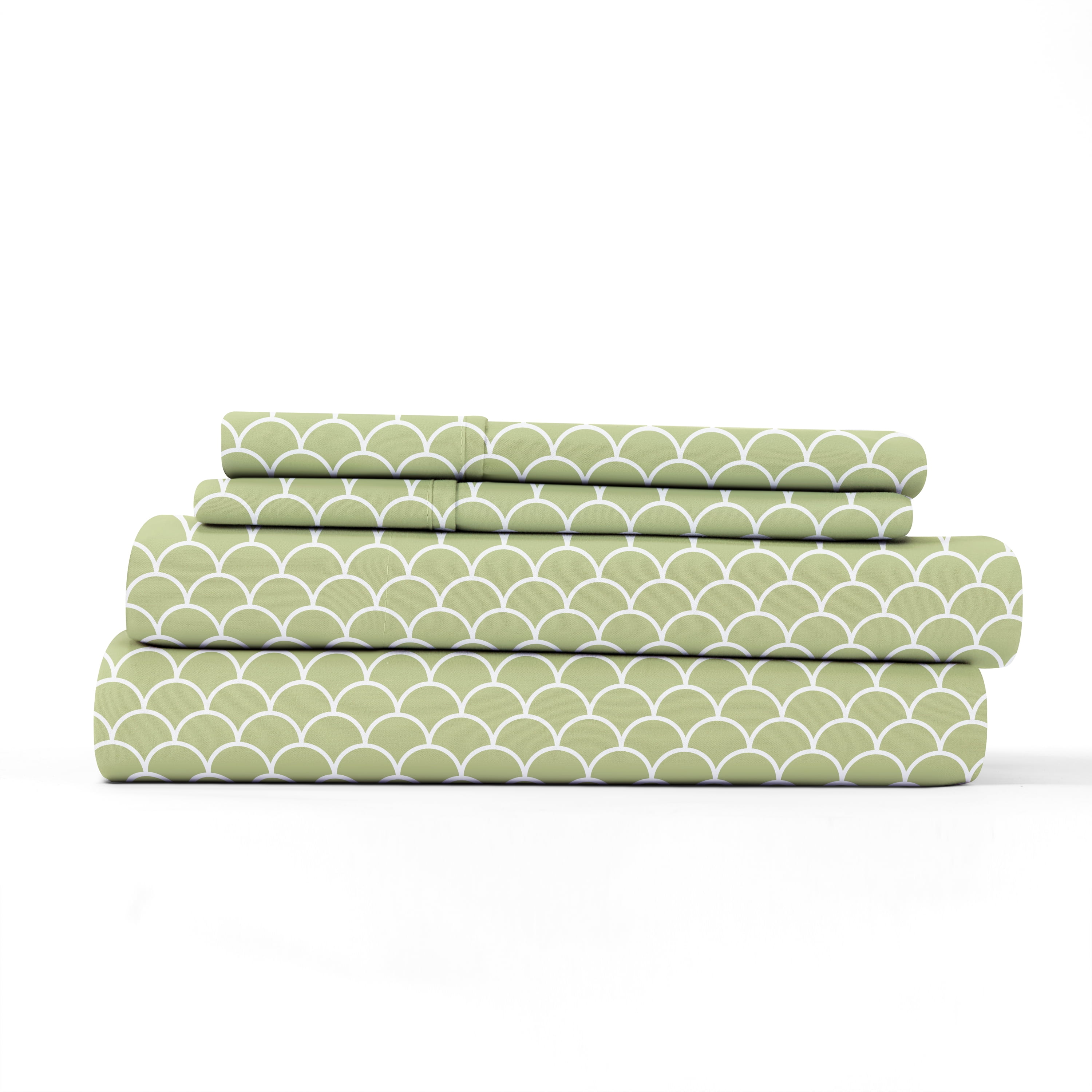 Noble Linens 4 Piece Pattern Microfiber Bed Sheets Set, Sage Scallops, California King