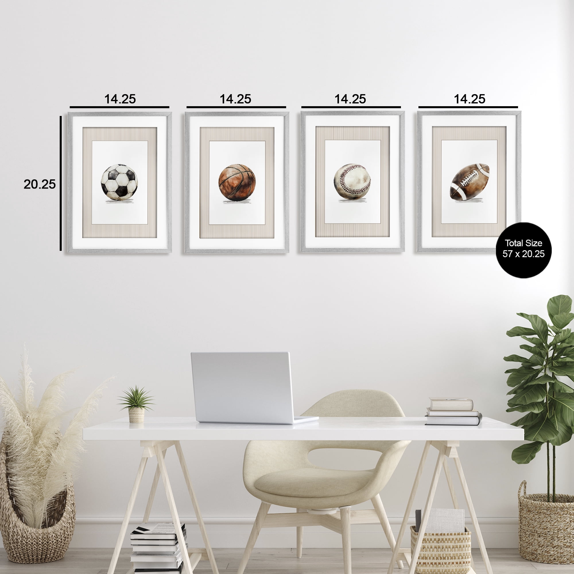 Stupell Industries Vintage Sports Beige Stripes 4 Piece Gray Framed Print Under Glass Set, design by Christine Simpson Art