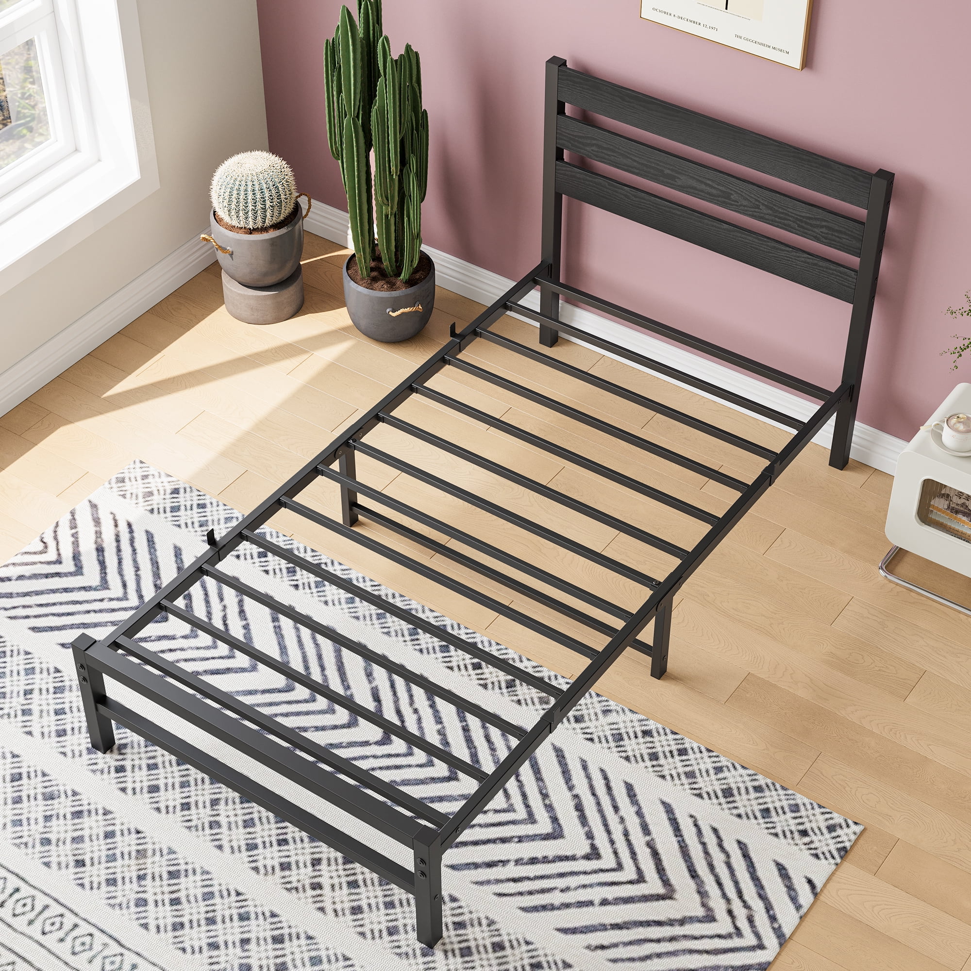 Aukfa Metal Platform Bed, Twin Bed Frame with Wood Headboard, Black