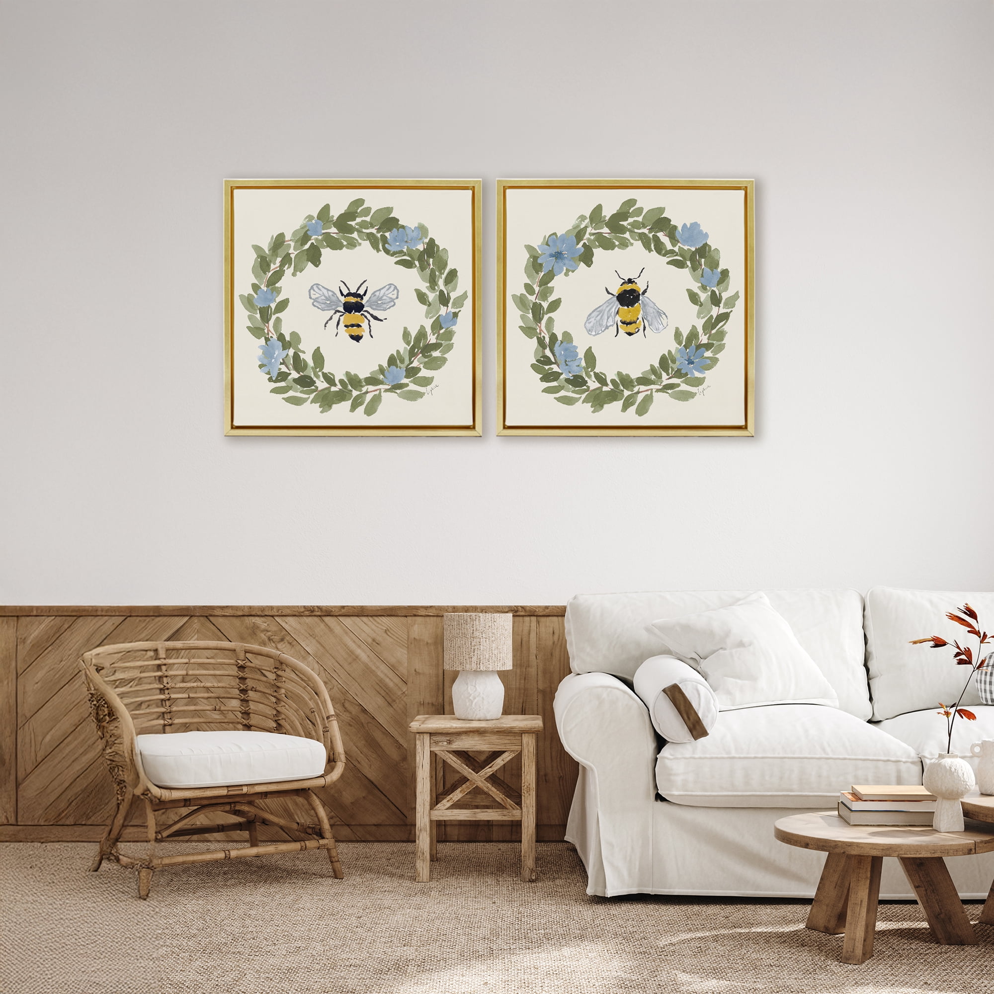 Stupell Industries Bee Floral Celebrations 2 Piece Gold Framed Floater Canvas Set, design by Lucille Price