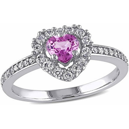 3/4 Carat T.G.W. Pink and White Sapphire with Diamond Accent 14kt White Gold Halo Heart Ring