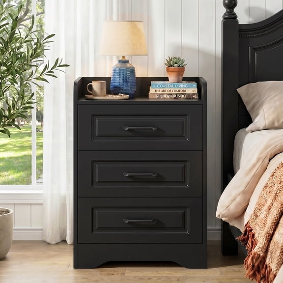 Farmhouse Nightstand, Night Stand with 3 Drawers, Wood End Table for Small Spaces, Bedside Storage Table for Bedroom, Black