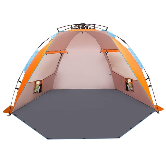 Oileus Tienda de campaña de playa extragrande para 4 personas, refugio solar, tienda de campaña instantánea portátil para playa con bolsa de transporte, estacas, 6 bolsillos de arena, anti UV para pes