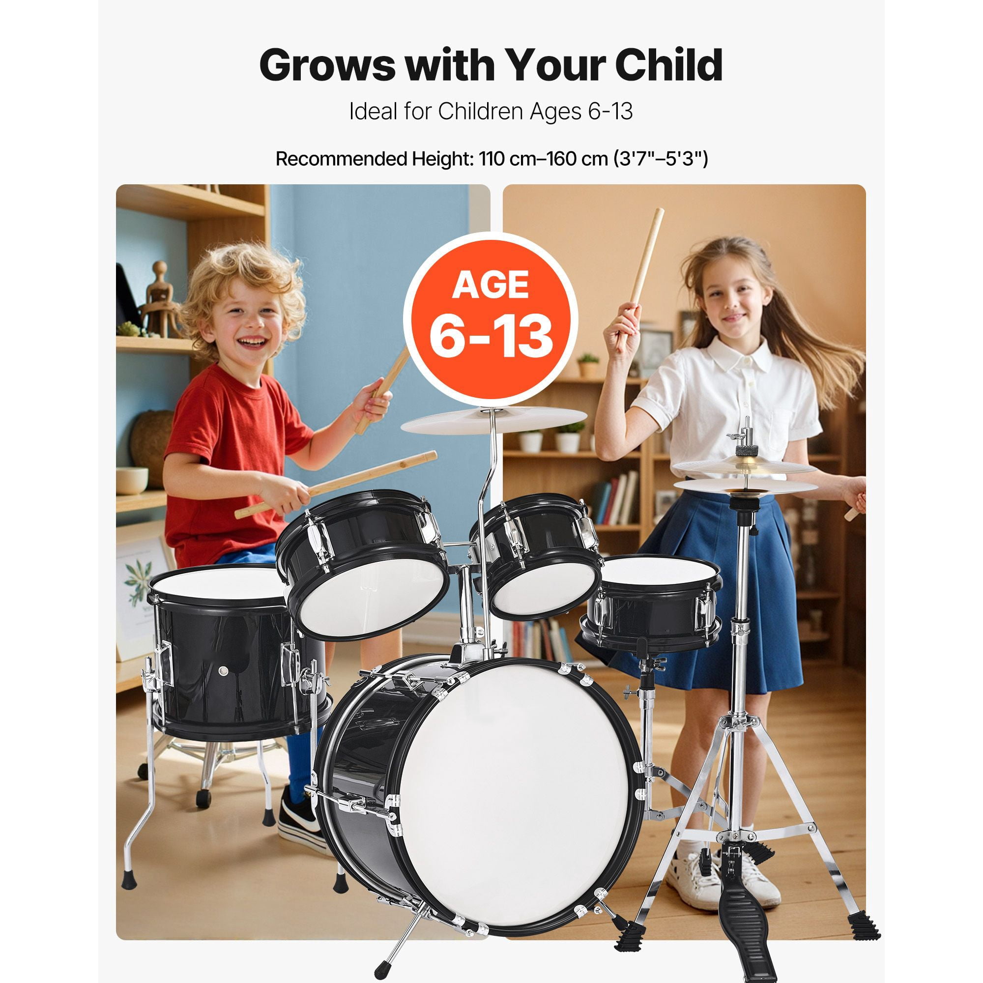 Kids Drum Set, 5-Piece 14 in Junior Drum Sets, Beginner Drums Set with Adjustable Throne, Cymbal & Two Pairs of Drumsticks, Musical Learning Drums Instruments Kit, for Children Ages 6-13 (Black)