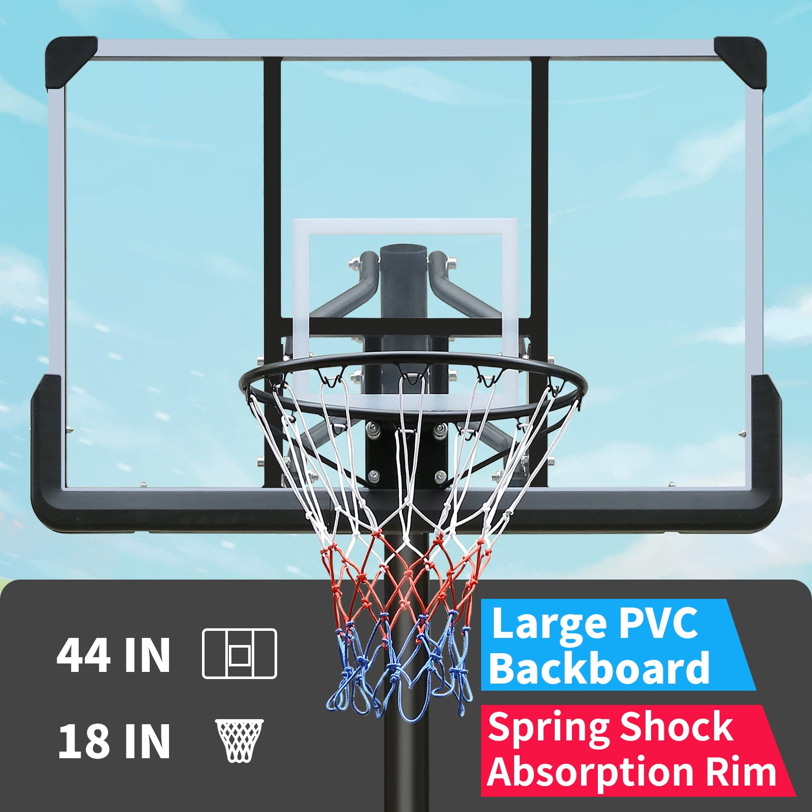 44" Transparent Adjustable Height Portable Outdoor Basketball System with Stable Base and Wheels