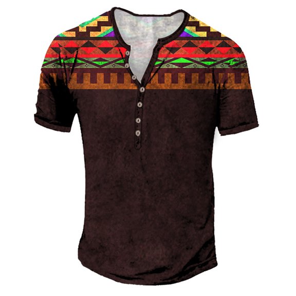 Bibifish Mens T Shirt Short Sleeve Henley Neck Ethnic Geometric Print Tees Vintage Beach Loose Casual Wear T-Shirts
