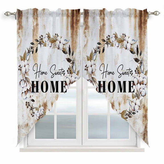 Home Sweet Swag Valances for Windows 2 Pack, Kitchen Window Curtains 36 Inch Length, Wreath Botanical Farmhouse Plants Gradient Brown Privacy Swag Curtains for Living Room/Bathroom 36"x36"