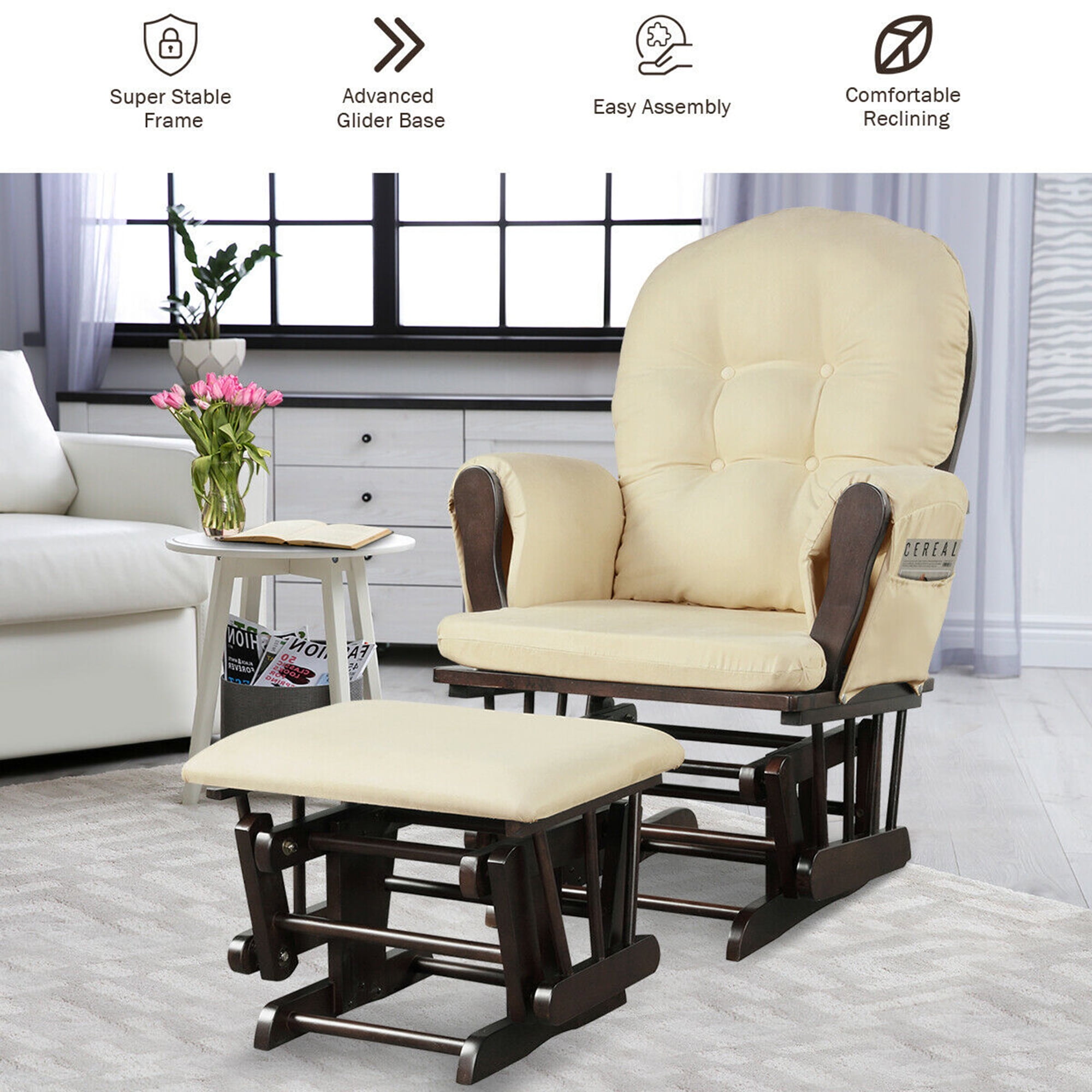 Gymax Wood Baby Nursery Rocking Chair Glider and Ottoman Cushion Set Espresso Finish with Beige Cushions