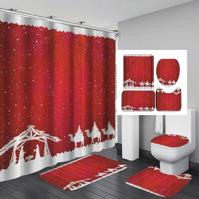 PATIO 4 Pieces Set 3D Digital Printing High-Density Merry Christmas Theme Pattern Shower Curtain Set Bathroom Floor Mat Base Mat Toilet Mat Home Holiday Decoration Bathroom Accessories Ch