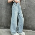 thumbnail image 6 of Girls Denim Pants Casual Wide Leg Jeans Fashion Slimming Relaxed Elastic Waist Cute Embroidered High-Waisted Trousers, Light Blue, 10 Years, 6 of 7