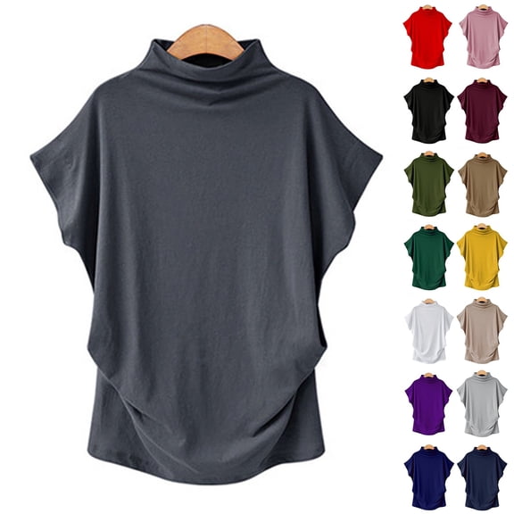 HAJWOH Women's Half Turtleneck Sleeve T-Shirt Solid Color Mock Neck Dolman Short Sleeve Top Casual Fashion Loose Shirt