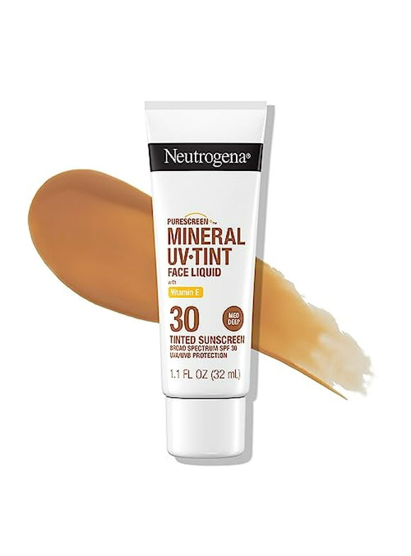 Neutrogena Purescreen+ Tinted Sunscreen for Face with SPF 30, Broad Spectrum Mineral Sunscreen with Zinc Oxide and Vitamin E, Water Resistant, Fragrance Free, Medium Deep, 1.1 fl oz