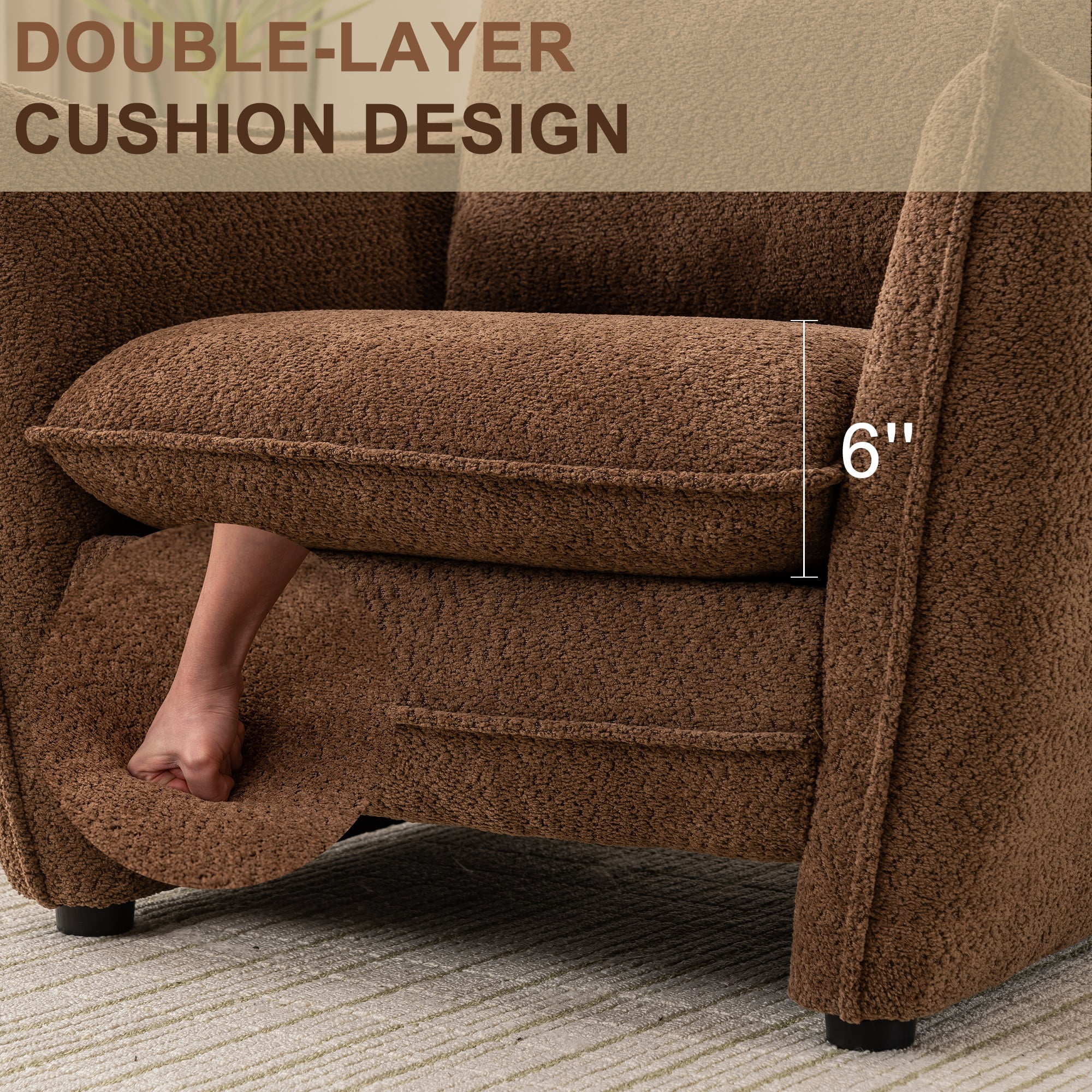 ENYLAY Modern Brown Cloud Chair, Plush Upholstered Sofa Chair, Comfy Single Armchair with Removable Cushions for Living Room, Bedroom, Office