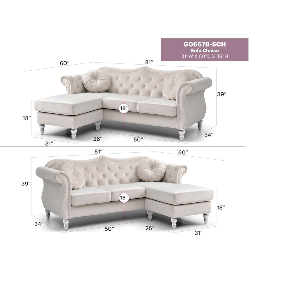 Glory Furniture Hollywood Sofa Chaise in Ivory Color