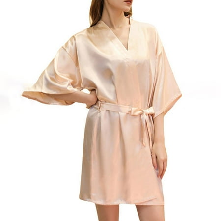 HAPIMO Lingerie Silk Robe Bathrobe Lightweight Cardigan Pajamas for Women Holiday Waistband Teen Girls Trendy Satin Stripe Comfy Relaxed Sleepewear Lace Long Sleeve Beige M