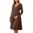 thumbnail image 3 of UKHCCC Women's Maternity Midi Dress, V-Neck Long Sleeve Ribbed Knit A-Line Dress with High Waist, Stretchy Loose Pregnancy Dress for Work, 3 of 8