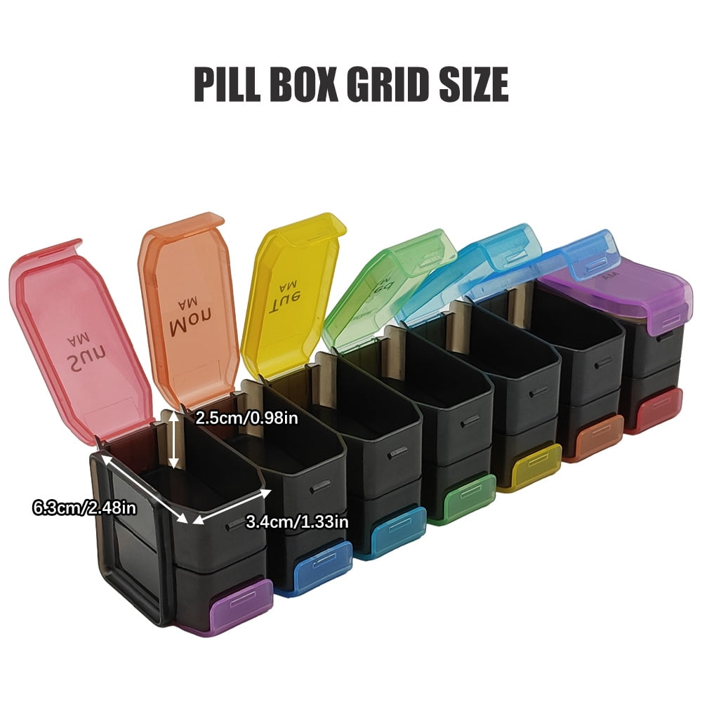 AuraQen 7-Day Weekly Pill Organizer - Food Grade PC Medication Box with 14 Color-Coded Compartments (40x60 Inches) - Independent Lids for AM/PM Dosing