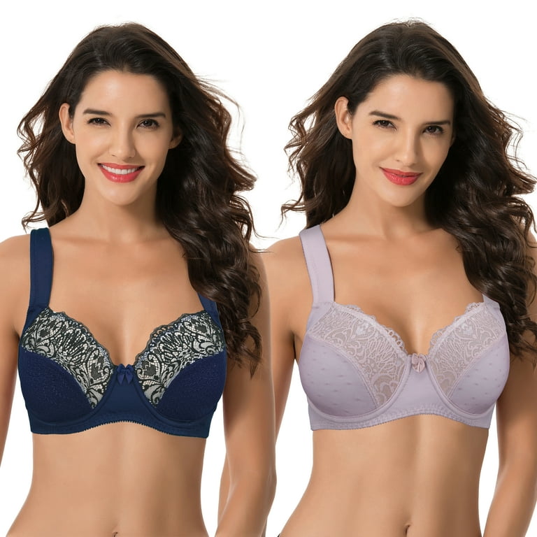 Curve Muse Plus Size Minimizer Underwire Unlined Bra with Embroidery  Lace-3Pack-NAVY,WHITE,SLATE-34C