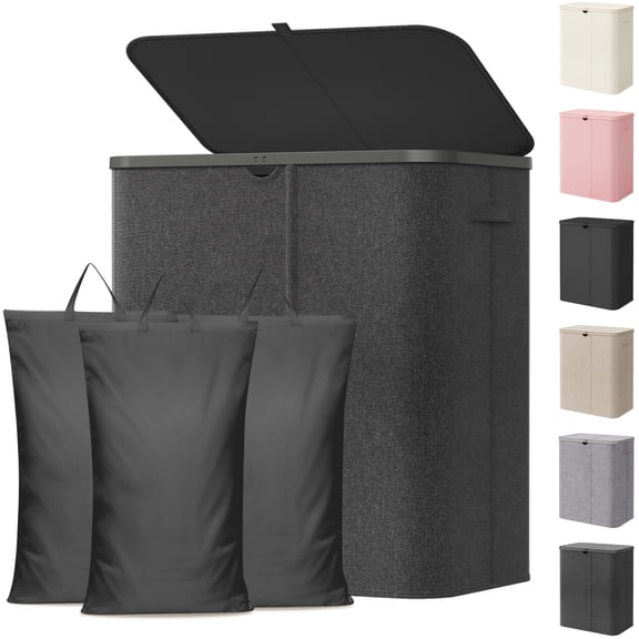 Lifewit 165L 3 Section Laundry Hamper with Lid, Large Laundry Basket with Handles and Removable Bags, Tall Clothes Hamper, Foldable Laundry Sorter for Bedroom Bathroom, Dark Gray