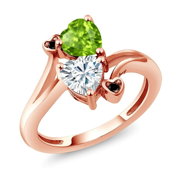 Gem Stone King 18K Rose Gold Plated Silver Green Peridot White Moissanite and Black Diamond Ring for Women (1.60 Cttw, Heart Shape 6MM, Gemstone August Birthstone, Size 6)