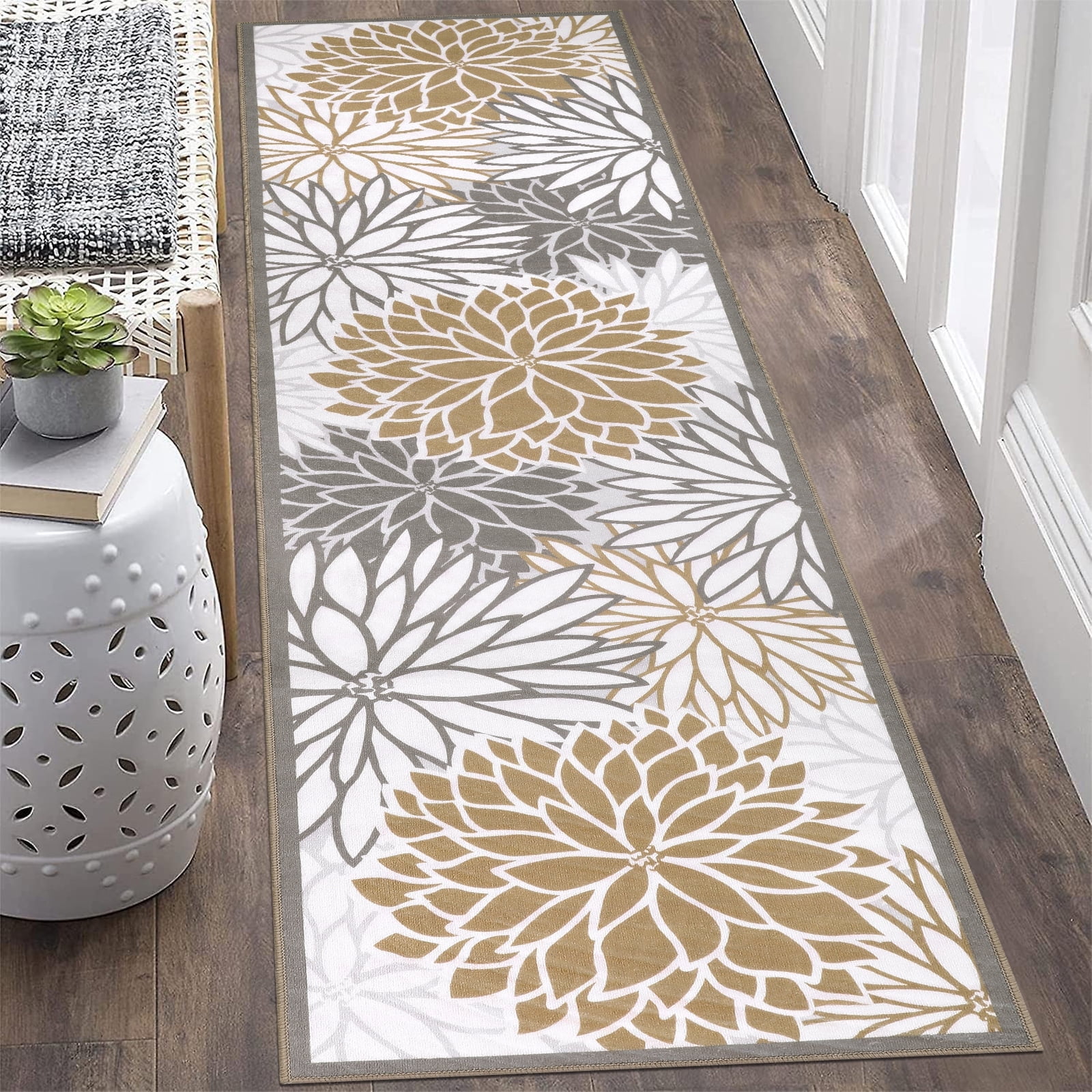 MeyJey 2'x10' Floral Runner Rug for Hallways, Oriental Non Slip Machine Washable Area Rugs Vintage Floor Carpet for Bedroom Kitchen Dinning/Living/Laundry Room, Brown/Gray