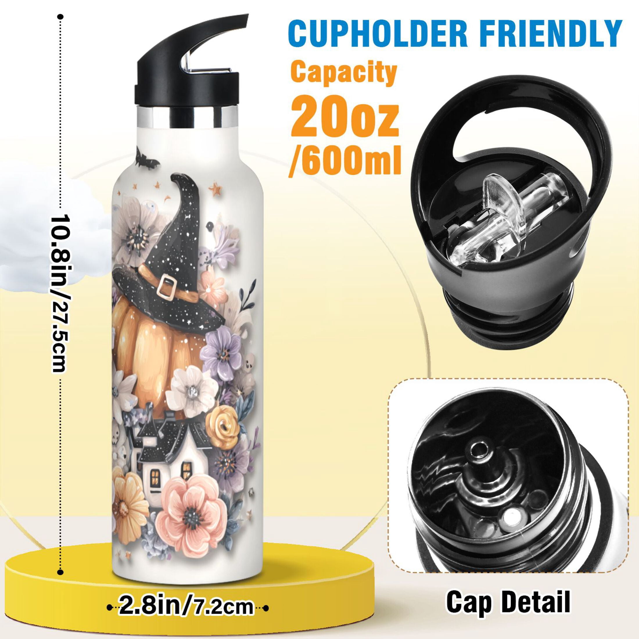 Kids Insulated Stainless Steel Sports Water Bottle 600ml (20oz) Pumpkins and Witch Hats