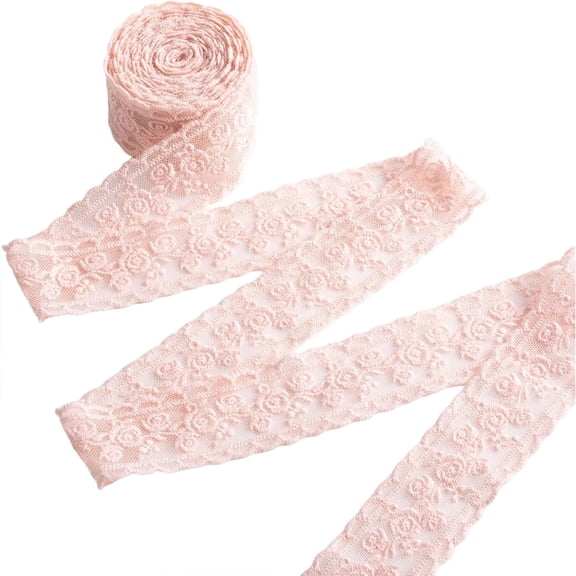 Januofit 2 Yards Flower Lace Trim, Floral Lace Sewing Ribbon, Softing Decorating Embellishments for Bouquet Wrapping Hair Clip DIY Party Clothing Decoration- Pink