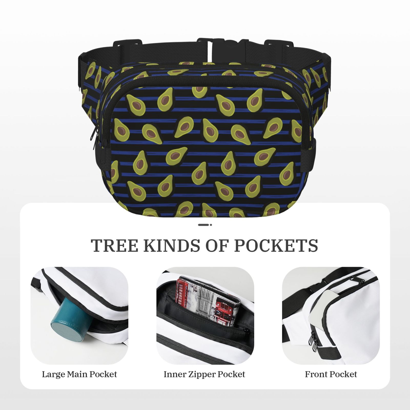 Picia Avocado Print Square Double-Layer Waist Bag Mini Adjustable Waist Belt Bag Exercise Running Travel Hiking