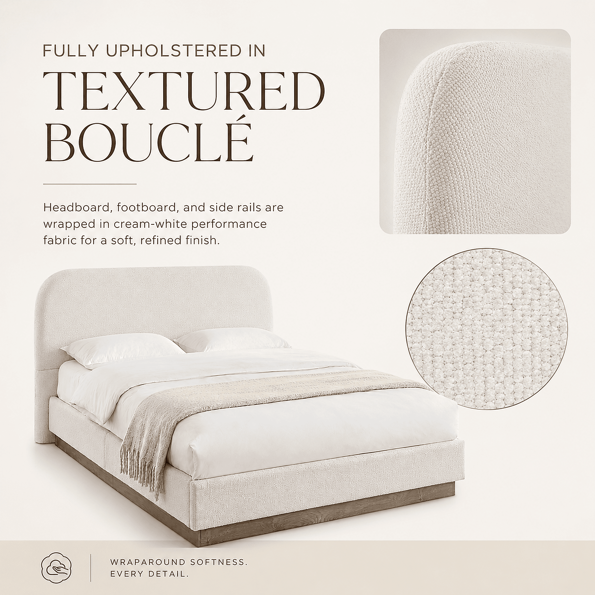 Miniyam King Upholstered Bed with 44.5 in Curved Headboard, Hidden Wood Base, Metal Frame, Cream White