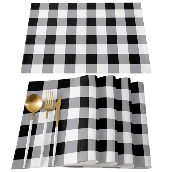 Vintage Farmhouse Placemats Set of 6, Black and White Checkered Placemats for Dining Table, Place Mats for Kitchen Tabletop, Waterproof Wipeable Dining Table Mats Set