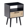 thumbnail image 5 of Tcbosik Rattan Nightstand, Boho Bedside Table with Open Shelf & One Drawer, Farmhouse End Table with Solid Wood Legs, for Bedroom/Living Room, Black, 5 of 9