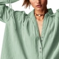 thumbnail image 3 of Women's Button Down Oversized Loose Tops  Fashion V-Neck Long Puff  Sleeve Shirt Casual Solid Color Summer Beach Blouse, 3 of 9
