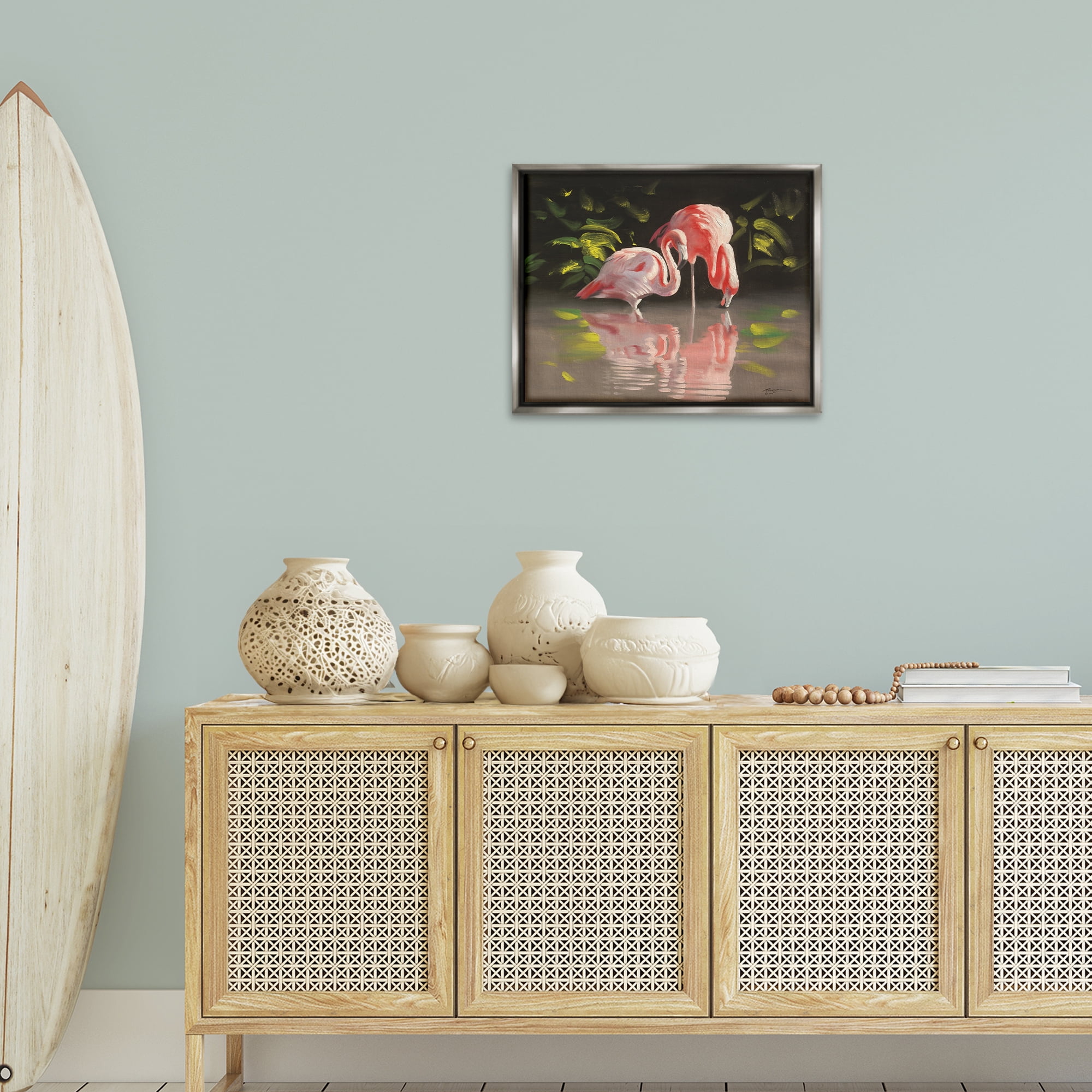 Stupell Industries Flamingos with Pond Reflection Animals & Insects Painting Gray Floater Framed Canvas Art Print Wall Art, 21 x 17