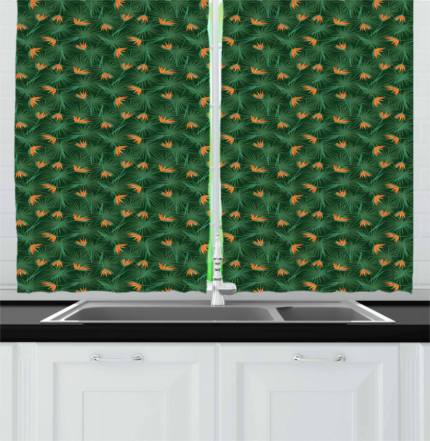 Jungle Curtains 2 Panels Set, Tropical Birds of Paradise Flowers among