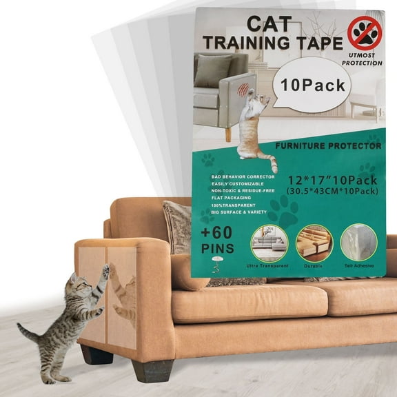 Cat Scratch Furniture Protector – 10-Pack 12"×17" Clear Sheets   60 Twist Pins, Couch Guard from Cat Claws, Scratch-Prevent Furniture Shield for Sofa, Door & More