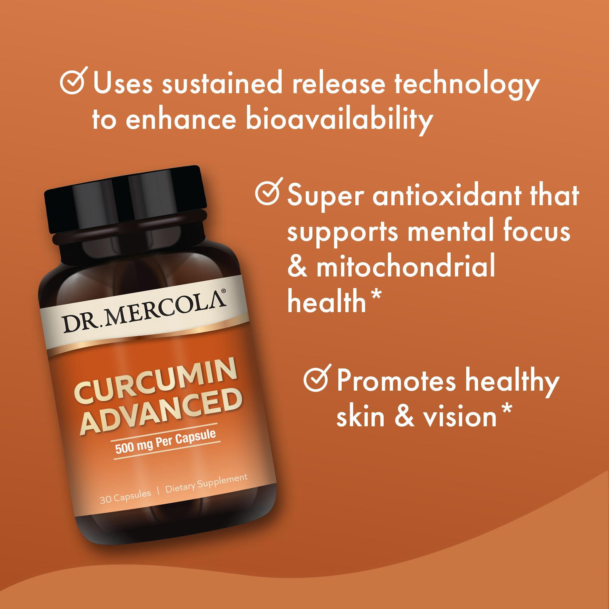 Dr. Mercola Curcumin Advanced - 500 mg Curcumin Root Extract - 95% Curcuminoids - For Vision Health, Digestion & Focus - Non-GMO, Gluten-Free & Soy-Free - 30 Capsules (30 Servings)