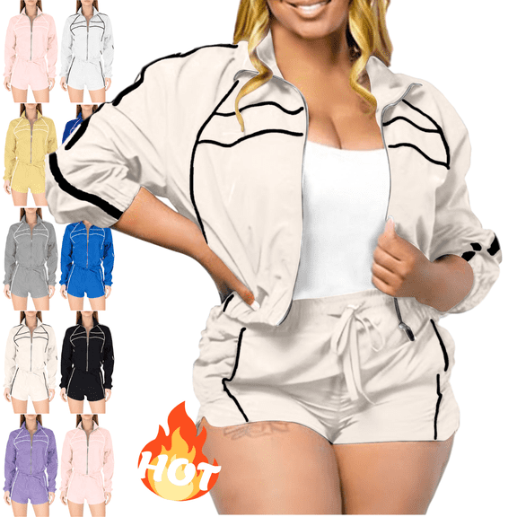 Mifsaly Womens Track Suits 2 Piece Set Workout Full Zip Jacket and High Waisted Running Shorts with Pockets Striped Athletic Gym Jogging Suits Beige,XL