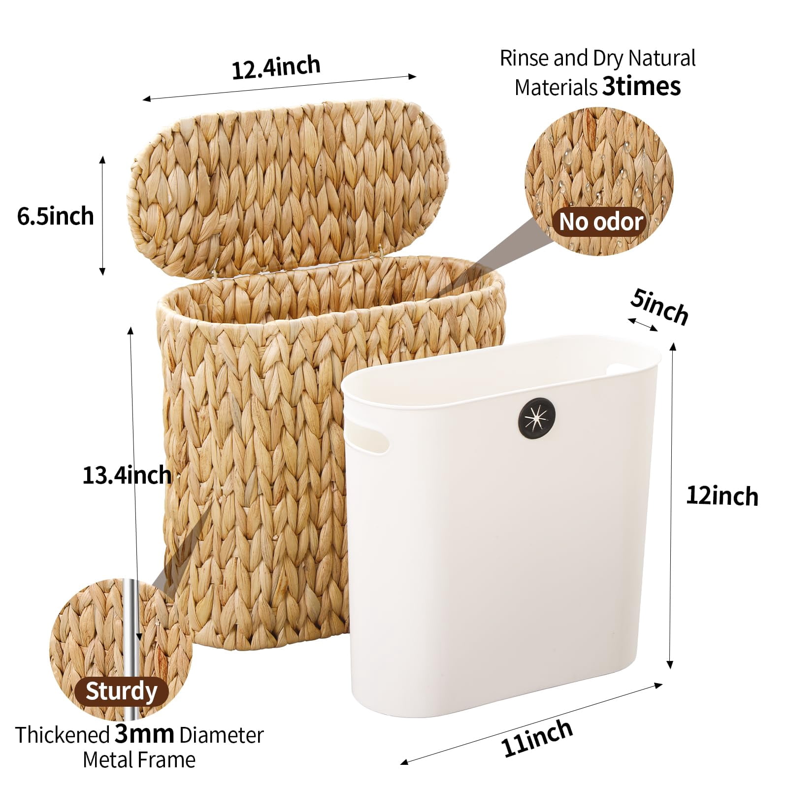 Wicker Bathroom Trash Can With Lid Narrow Rattan Waste Basket Removable Liner Bucket Slim Woven Water Hyacinth Garbage For Bedroom Office Small Spaces 3 Gallon